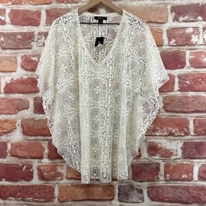 Style & Co Kimono Top Women's L Plain White Boho Chic Floral Lace Sheer Shirt